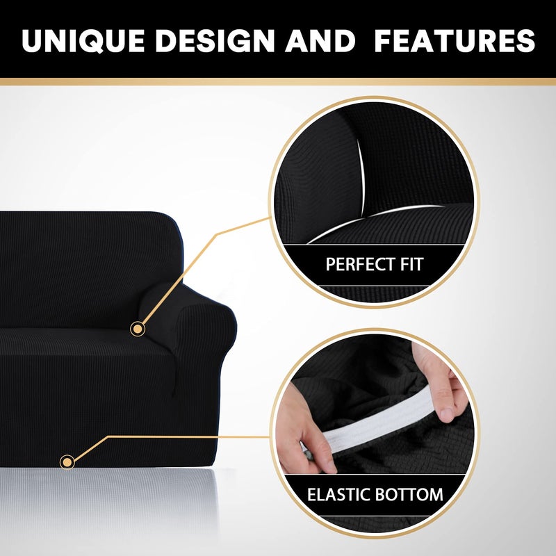 PrinceDeco Stretch Sofa Cover Slipcover Couch Covers for 3 Cushion Couch Furniture Protector Sofa Covers with Non Slip Elastic Bottom Dogs Pet Friendly Fitted (Sofa, Black) - Image 3